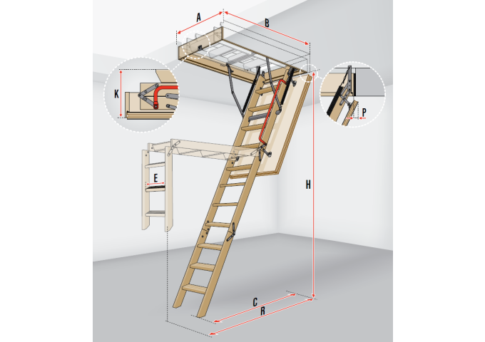 Escalier Bois 70x120cm LWK Plus 280cm FAKRO escamotable pour grenier pièce