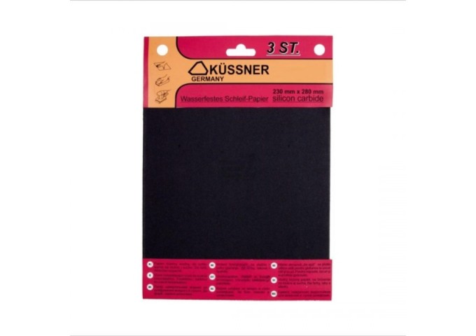 Papier de verre pour PEINTURES . VERNIS . MASTICS avec grain *120* 230x280mm Kussner 3pièces